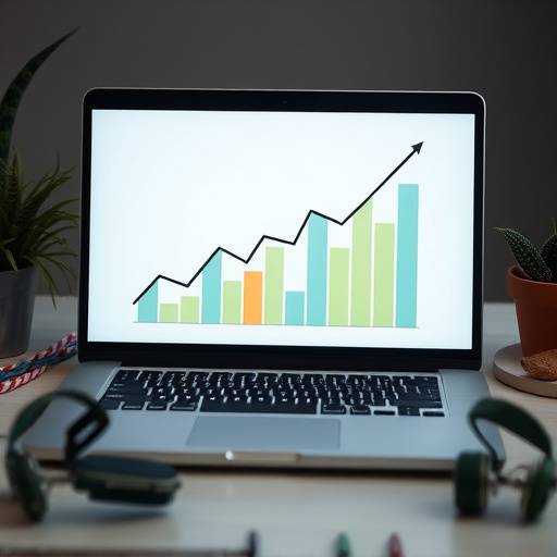 Image illustrative du cours de marketing digital : un ordinateur portable affichant un graphique de croissance, entour√© d'ic√¥nes de r√©seaux sociaux et de mots cl√©s SEO.